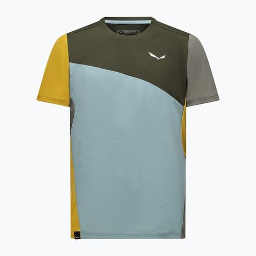 Multi-colored athletic t-shirt with color blocked panels in green, blue, yellow and gray