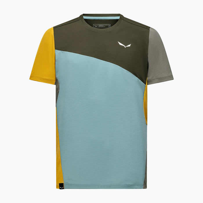 Multi-colored athletic t-shirt with color block design featuring green, blue, yellow and gray sections