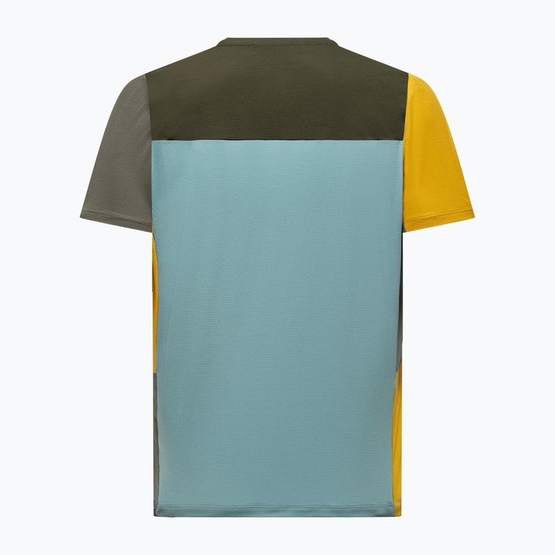 Color-blocked athletic t-shirt with multiple panel design in green, blue, yellow and gray