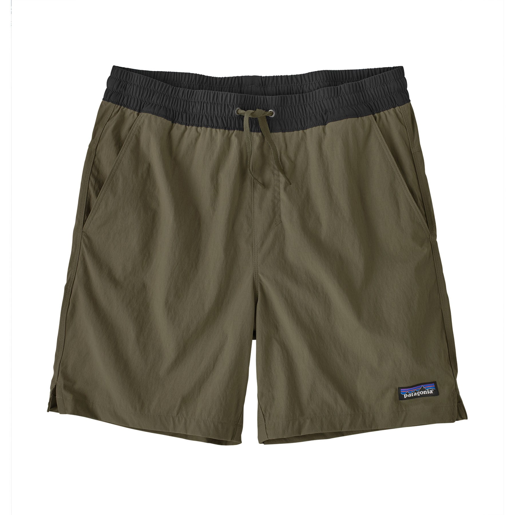 Olive green swim shorts with elastic waistband and drawstring, front view on white background
