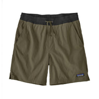 Olive green swim shorts with elastic waistband and drawstring, front view on white background