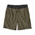 Olive green swim shorts with elastic waistband and drawstring, front view on white background