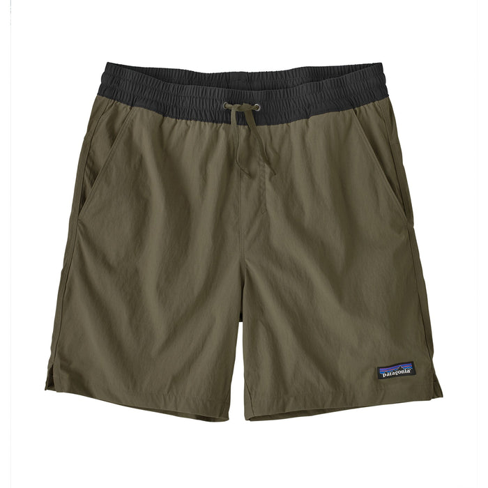 Olive green swim shorts with elastic waistband and drawstring, front view on white background