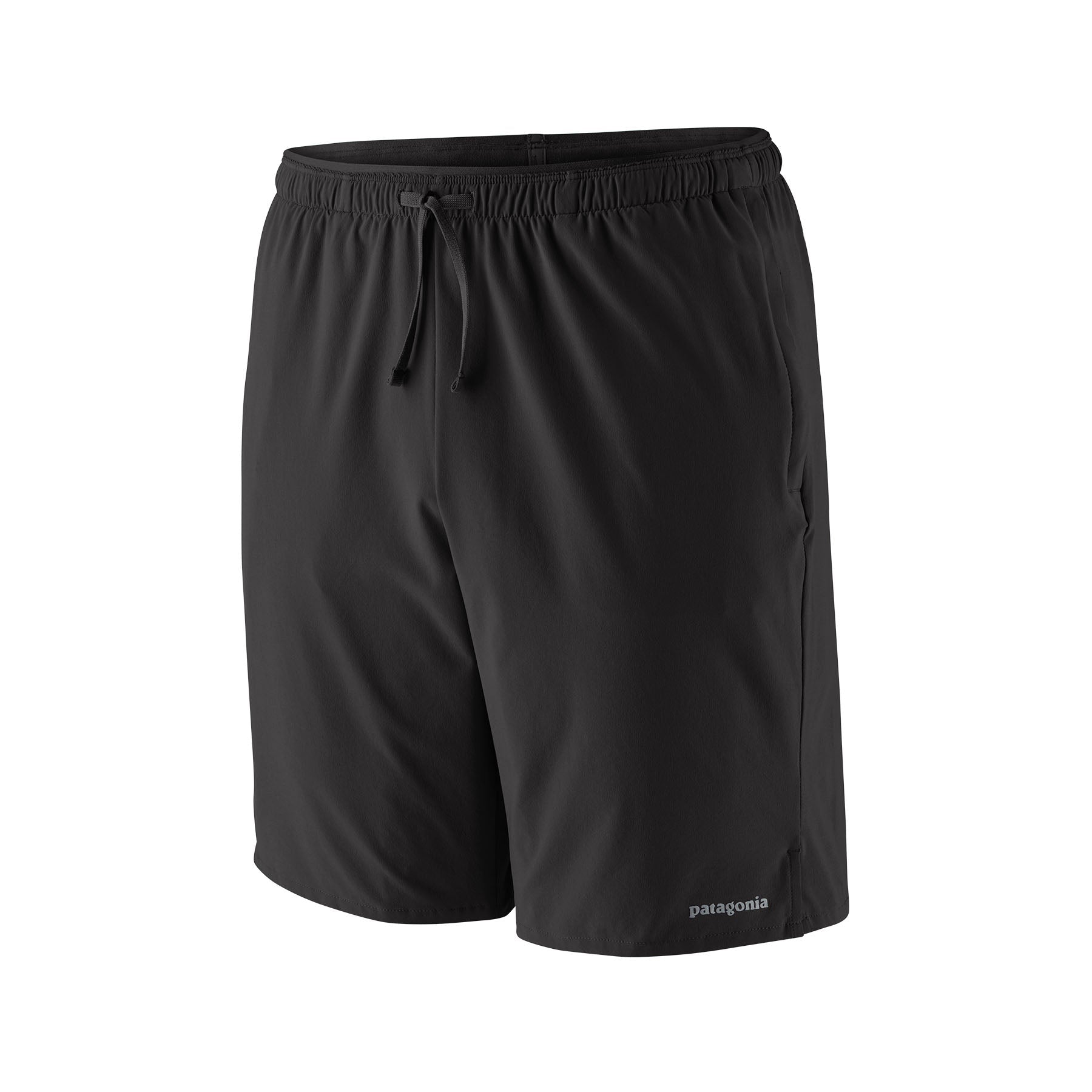 Black athletic shorts with elastic waistband and drawstring, front view on white background