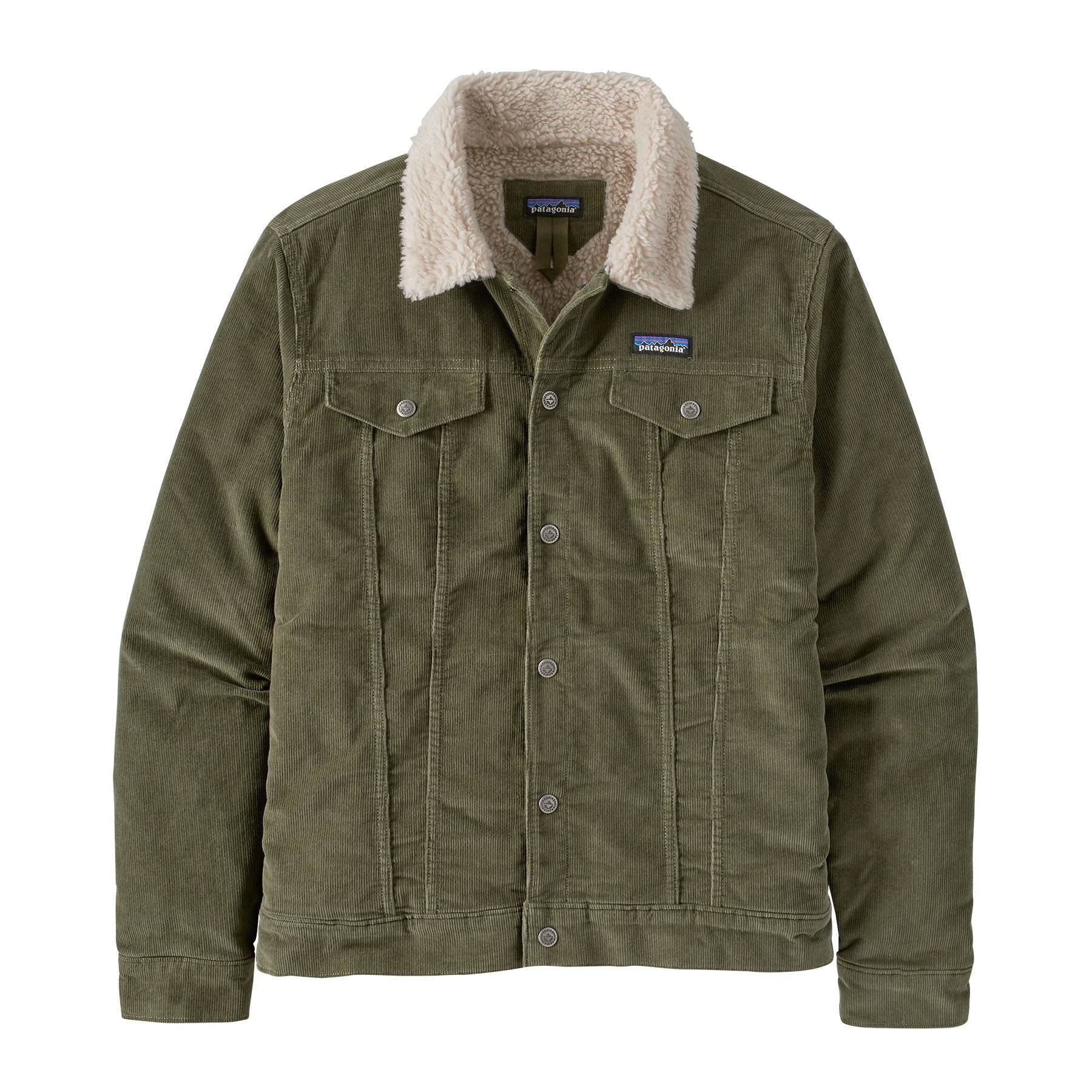 Olive green corduroy trucker jacket with sherpa fleece collar and button front, flat lay view