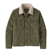 Olive green corduroy trucker jacket with sherpa fleece collar and button front, flat lay view