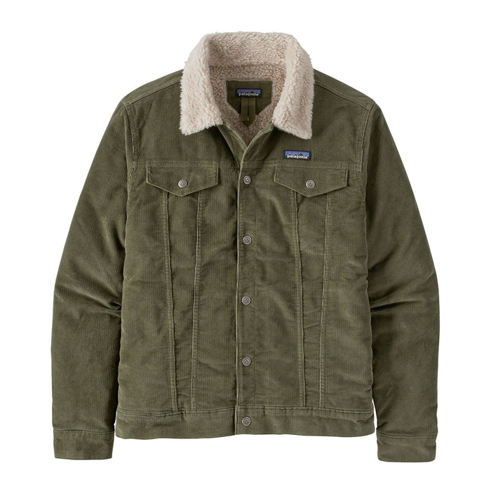 Olive green corduroy trucker jacket with sherpa fleece collar and button front, flat lay view