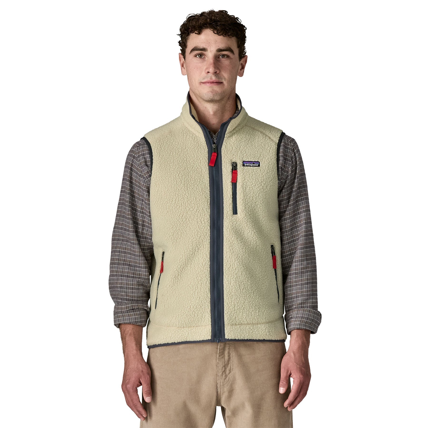 Men's sherpa fleece vest with full zip, chest pocket, and red zipper accents, front view