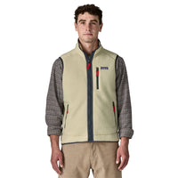 Men's sherpa fleece vest with full zip, chest pocket, and red zipper accents, front view