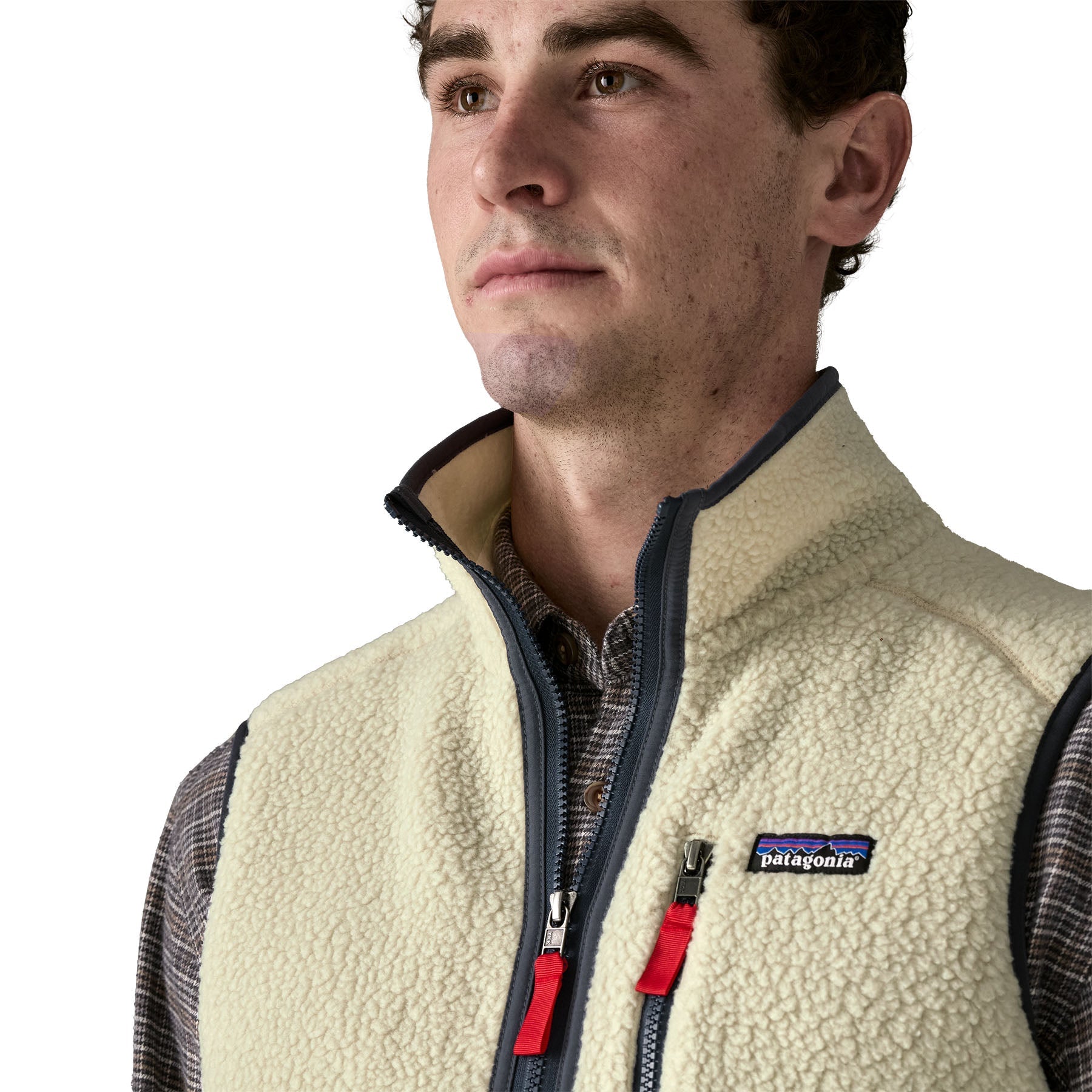 Men's sherpa fleece vest with full zip, navy trim, and red zipper pulls, close-up front view