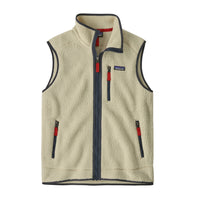 Cream sherpa fleece vest with full zip, navy trim, red zipper pulls, and chest pocket, front view