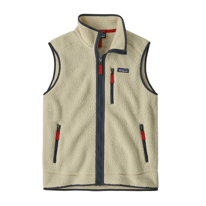 Cream sherpa fleece vest with full zip, navy trim, red zipper pulls, and chest pocket, front view