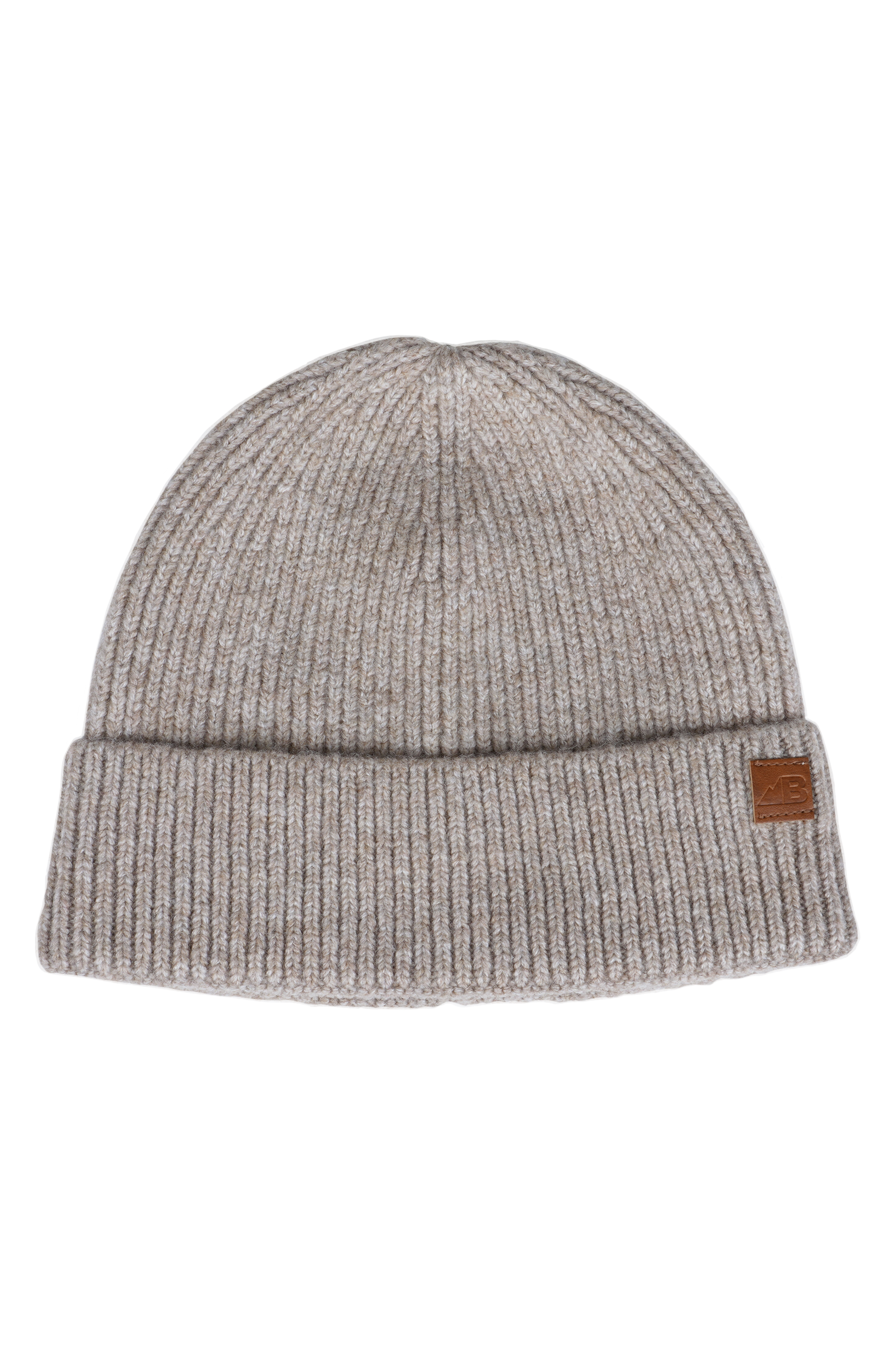 Ribbed knit beanie in heathered beige with folded cuff and small leather logo patch
