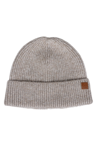 Ribbed knit beanie in heathered beige with folded cuff and small leather logo patch