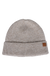 Ribbed knit beanie in heathered beige with folded cuff and small leather logo patch