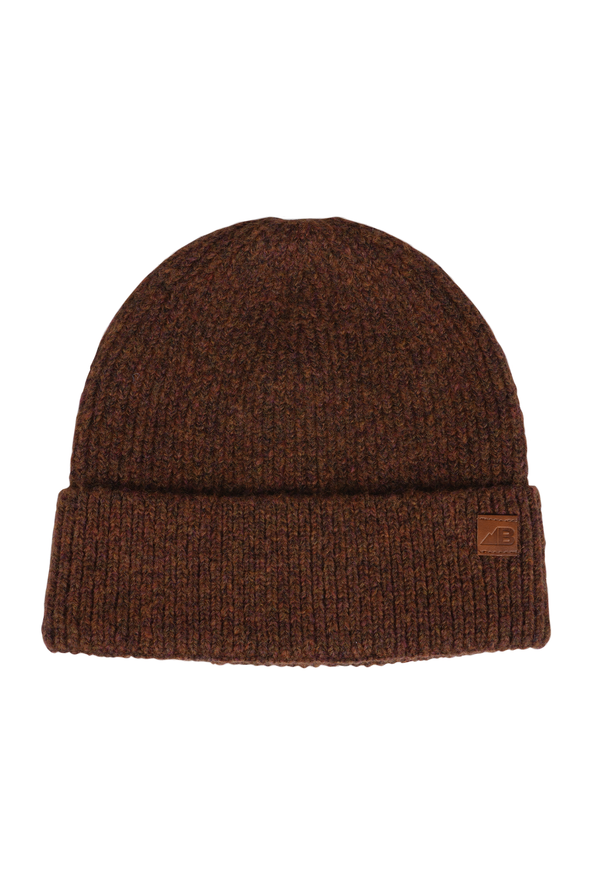 Ribbed knit beanie with folded cuff and small leather logo patch, front view