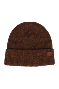 Ribbed knit beanie with folded cuff and small leather logo patch, front view