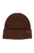 Ribbed knit beanie with folded cuff and small leather logo patch, front view