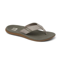 Men's flip flop sandal with textured olive footbed, tan fabric straps, and brown rubber sole