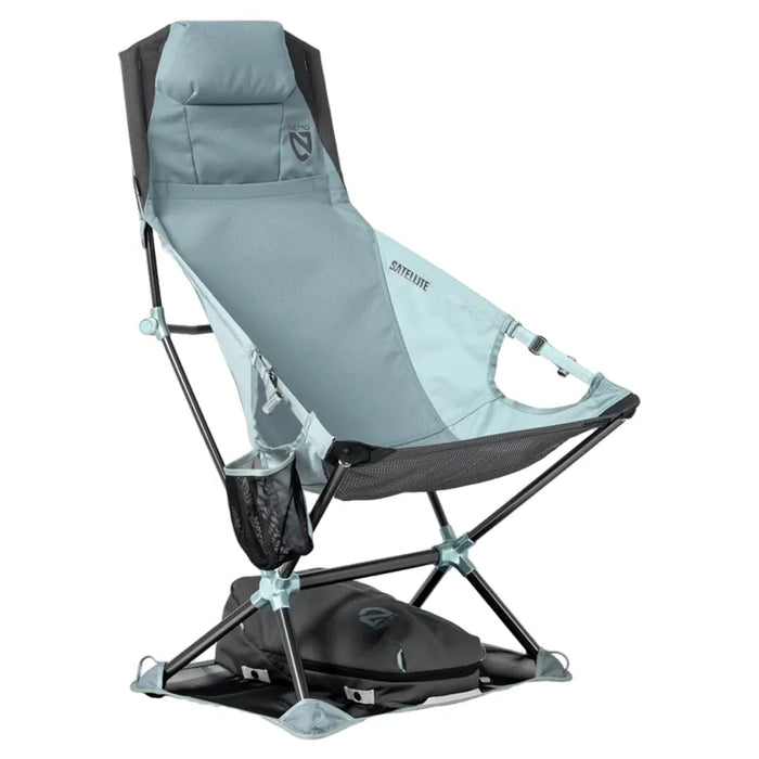 Lightweight portable camping chair with high back and headrest on white background