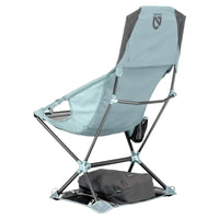 Portable camping chair with high back and reclining feature, shown with carrying case