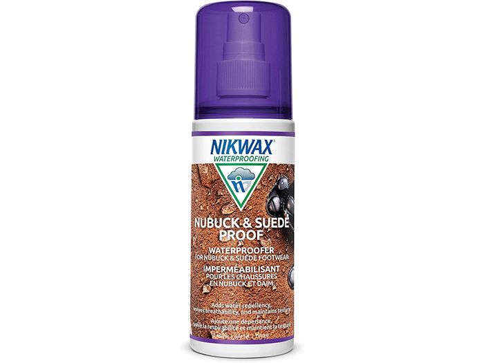 Purple spray bottle with brown textured label showing waterproofing treatment for leather footwear