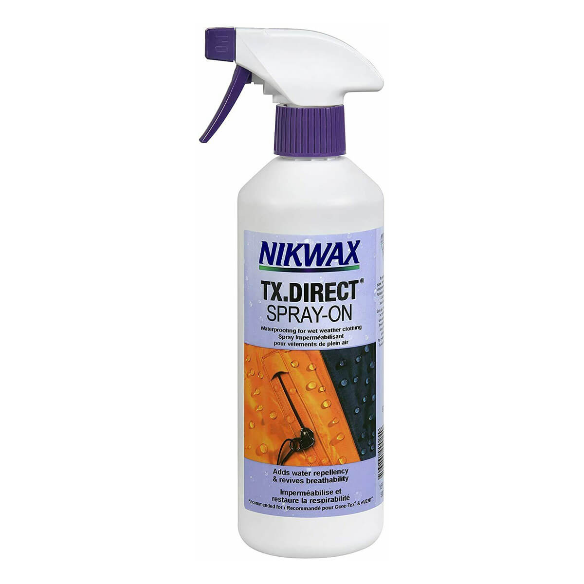 White spray bottle with purple trigger and colorful outdoor gear graphics on label