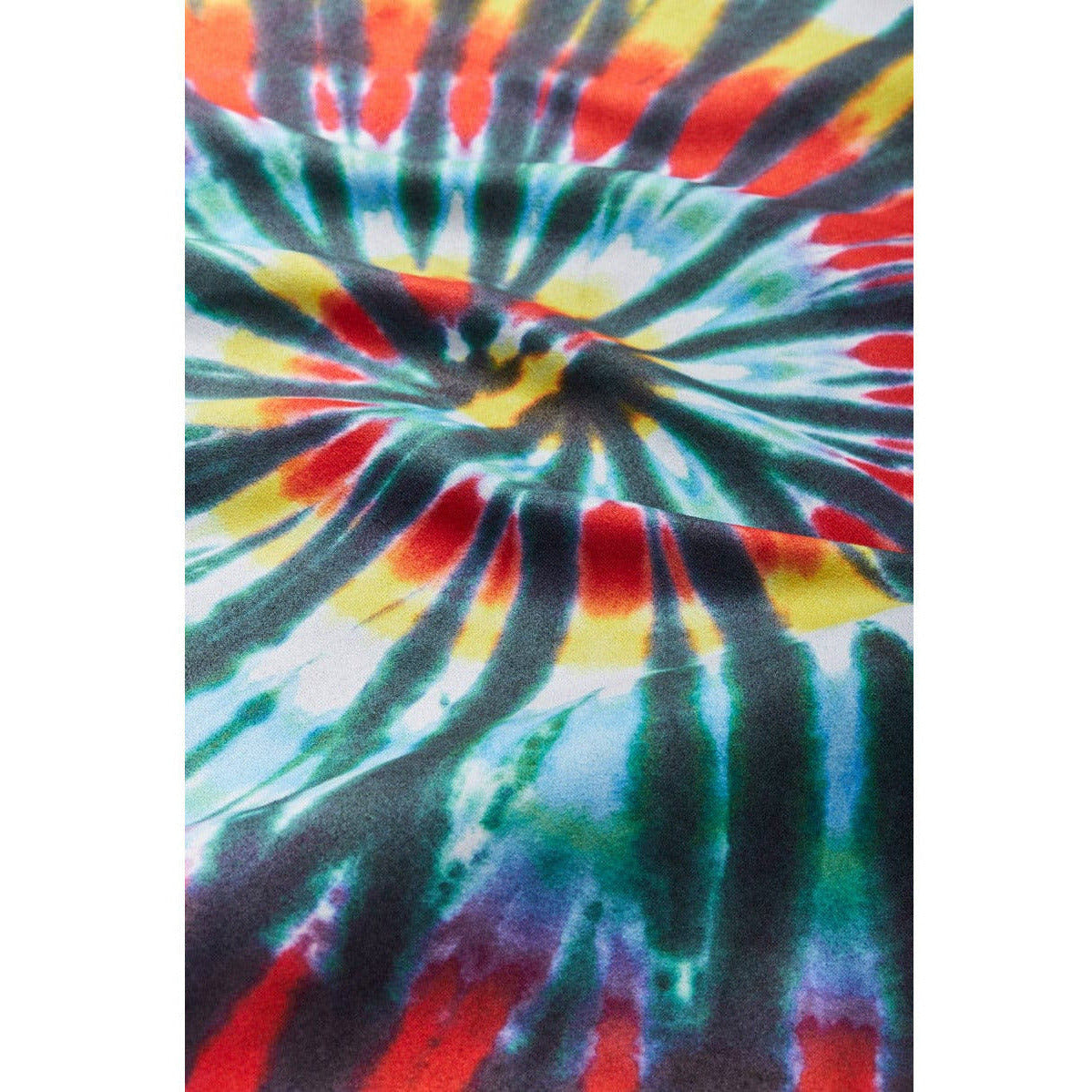 Colorful tie-dye bandana with radiating swirl pattern in rainbow colors, close-up detail view
