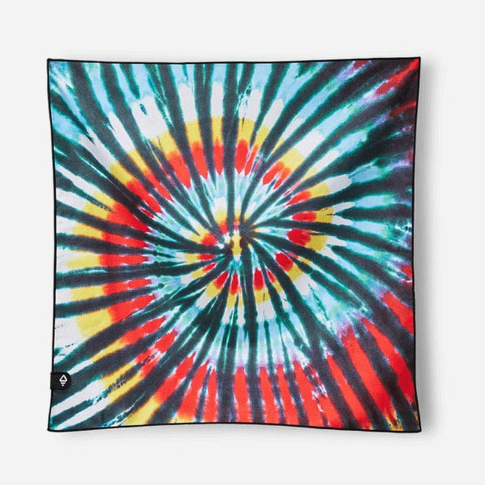 Square bandana towel with vibrant tie-dye spiral pattern in multiple colors, displayed flat against white background