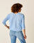 Light blue mesh knit pullover sweater shown from back view on model