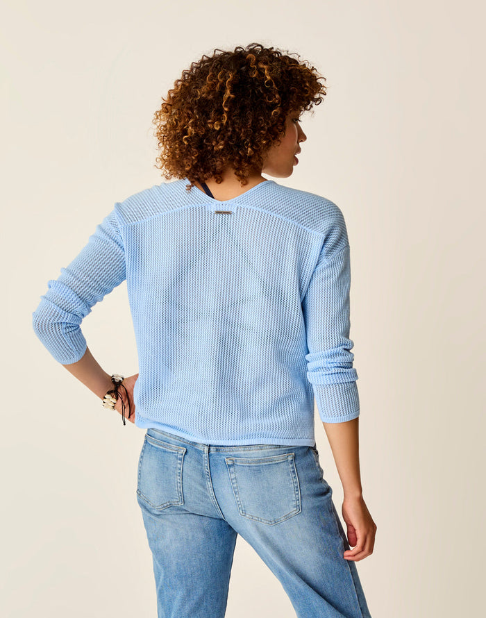 Light blue mesh knit pullover sweater shown from back view on model