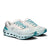 Women's running shoes with white mesh upper, chunky light blue midsole, and teal laces, three-quarter view