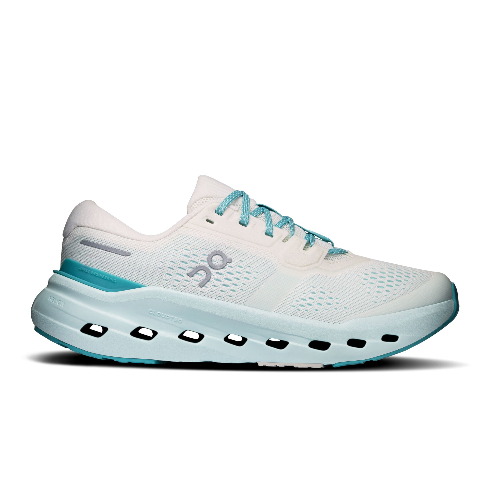 Women's running shoe with white mesh upper, chunky light blue midsole with cutout pods, and teal laces