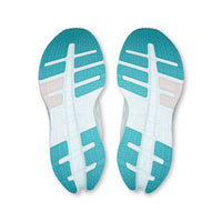 Bottom view of a pair of women's running shoes with teal and white outsole pattern