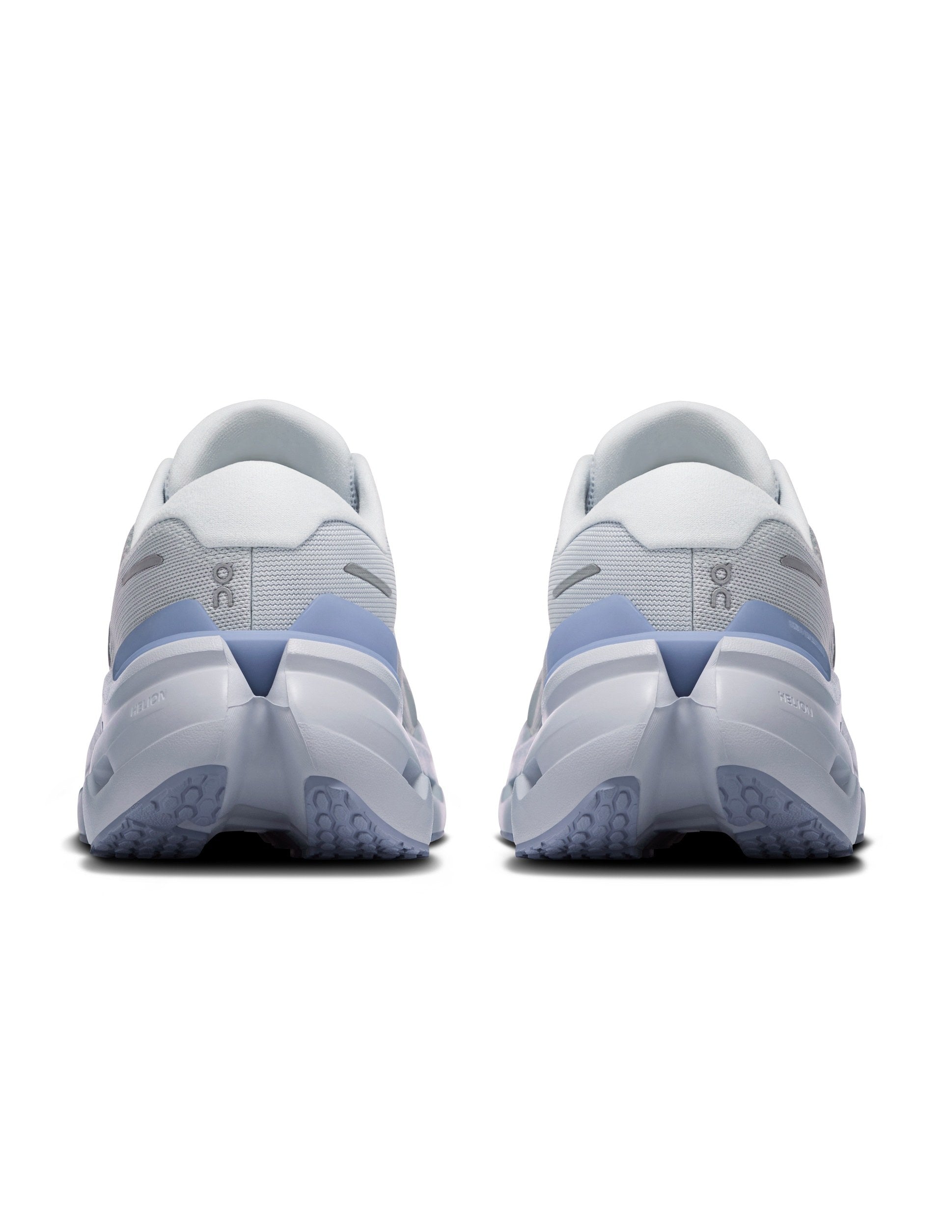 Rear view of a pair of running shoes with chunky midsole and blue-gray heel accents