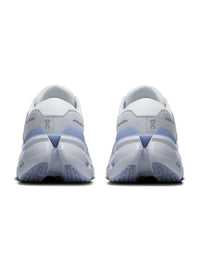 Rear view of a pair of running shoes with chunky midsole and blue-gray heel accents
