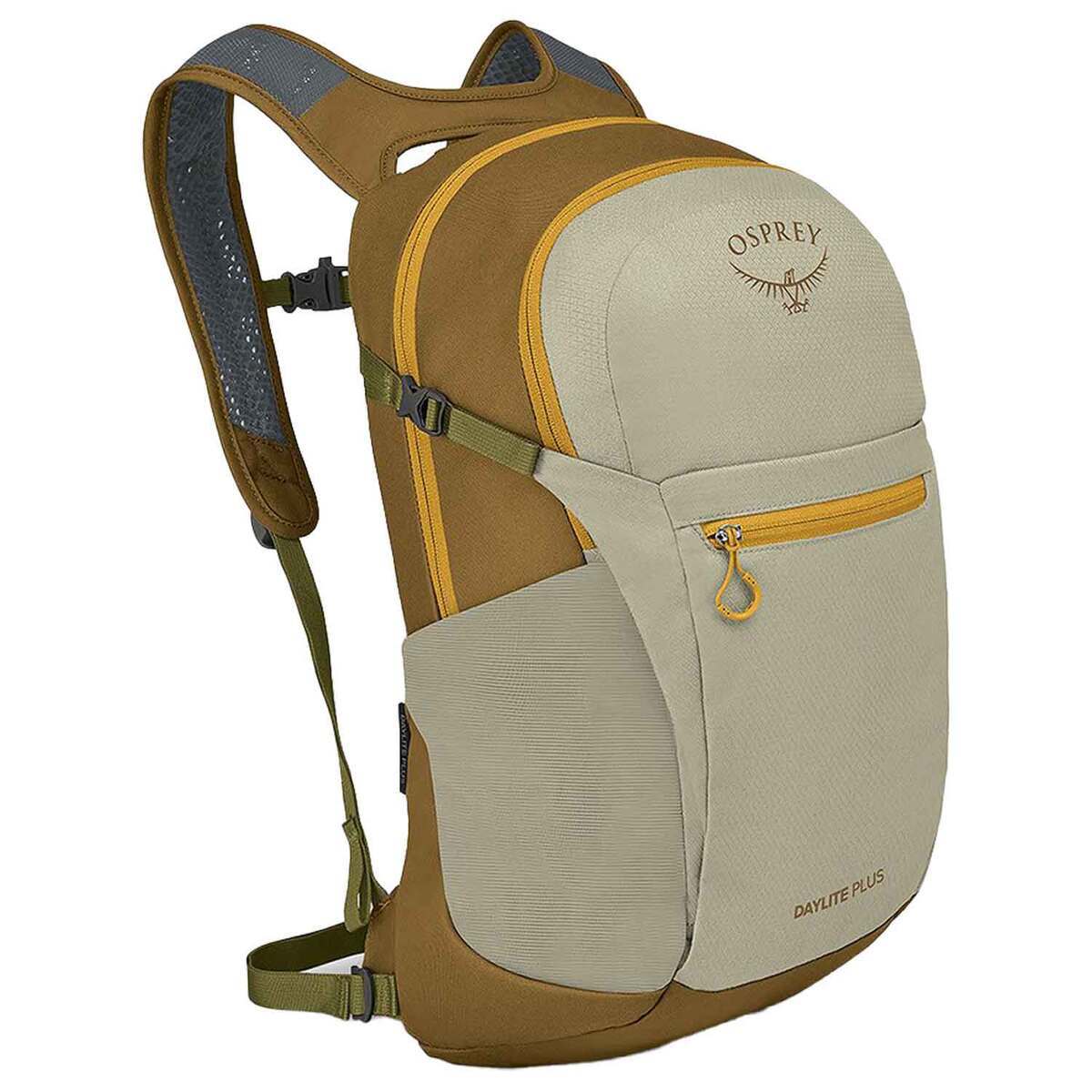 20-liter daypack with gray main compartment, brown accents, gold zippers, and padded shoulder straps, three-quarter view