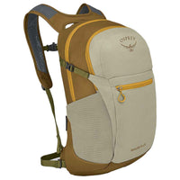 20-liter daypack with gray main compartment, brown accents, gold zippers, and padded shoulder straps, three-quarter view