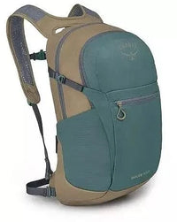 20L daypack with teal front pocket, tan body, padded straps, and zipper compartments, side view