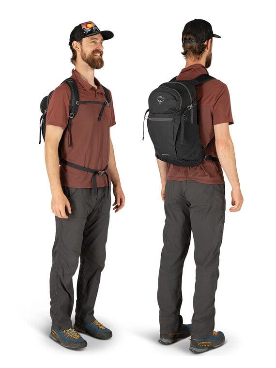 Daypack shown from front and back views on male model, featuring mesh shoulder straps and logo