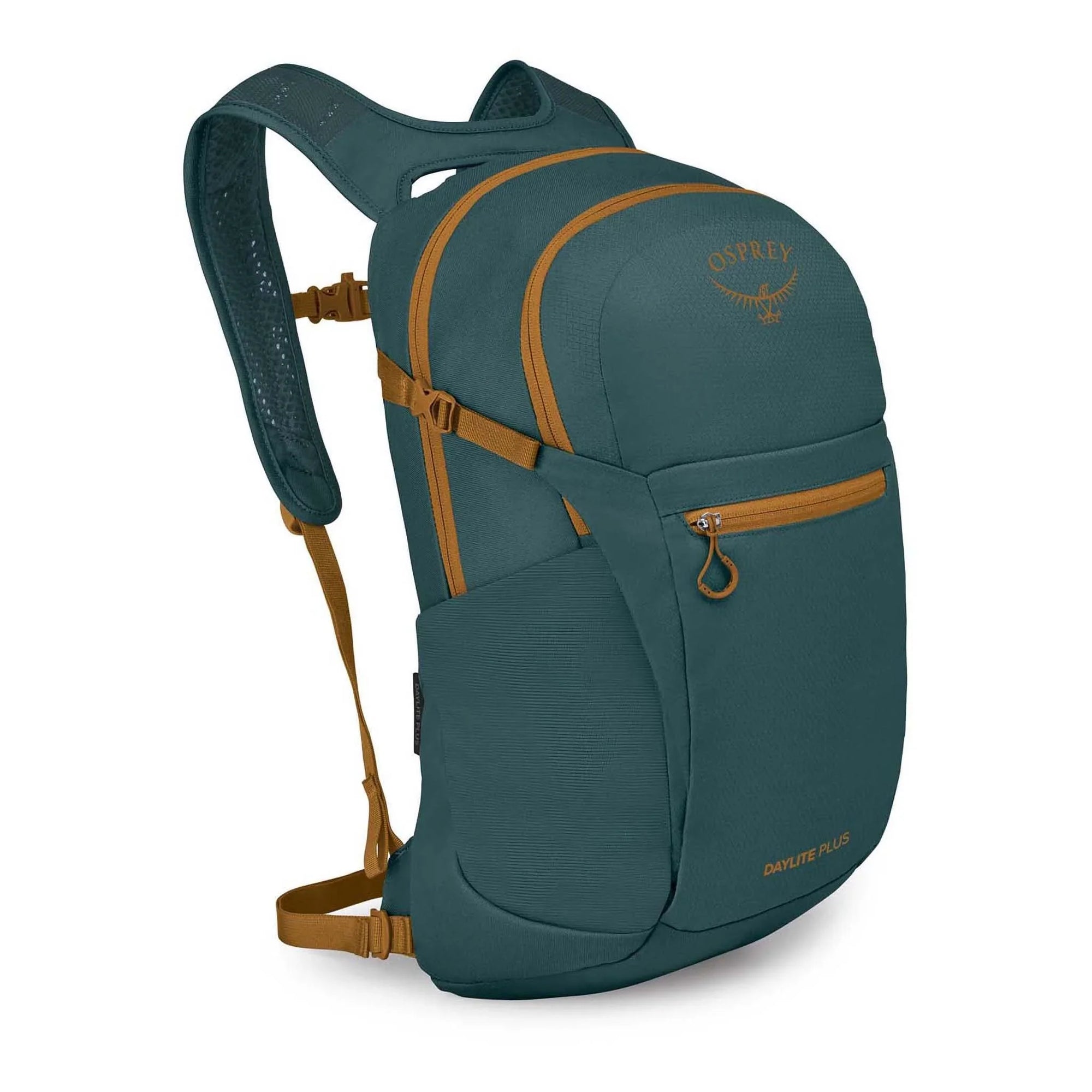 20-liter daypack with teal body, gold zippers, padded straps, and front pocket, angled view