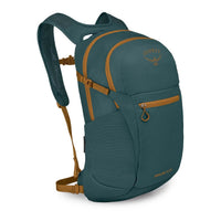 20-liter daypack with teal body, gold zippers, padded straps, and front pocket, angled view