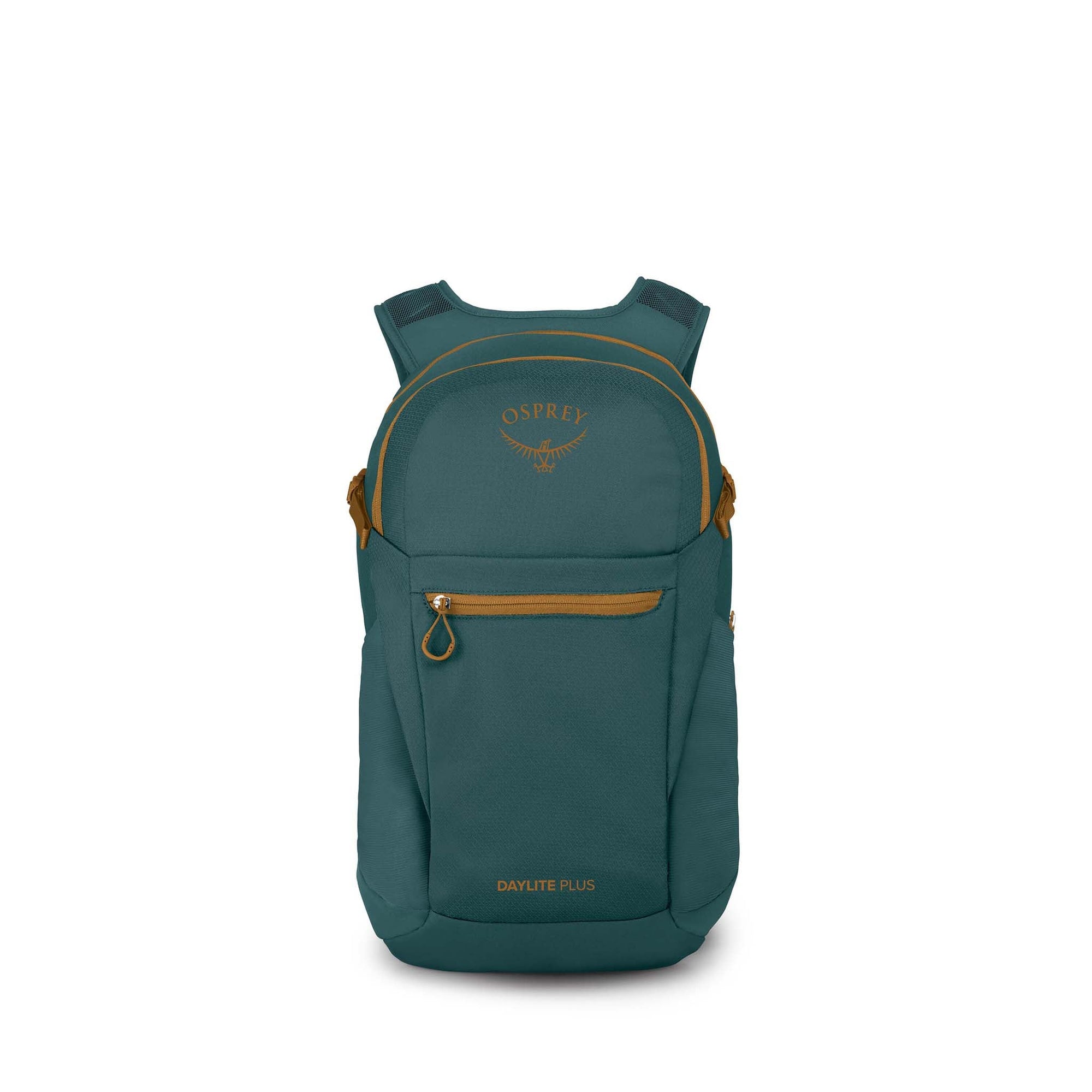 Teal daypack with golden zipper accents, front pocket, and padded shoulder straps, front view