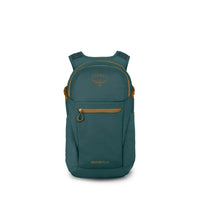 Teal daypack with golden zipper accents, front pocket, and padded shoulder straps, front view