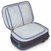 Open travel backpack showing interior mesh pockets, compression panel, and organized compartments