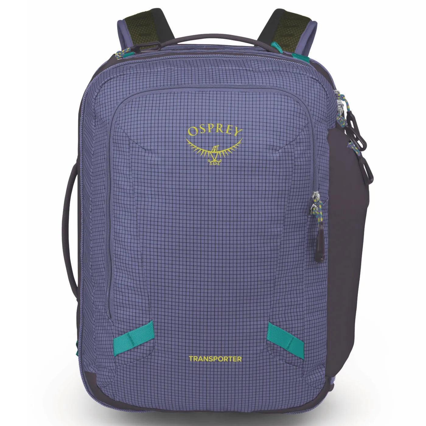 Large travel backpack with grid ripstop fabric, teal accents, top carry handle, and side zipper pocket