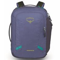Large travel backpack with grid ripstop fabric, teal accents, top carry handle, and side zipper pocket