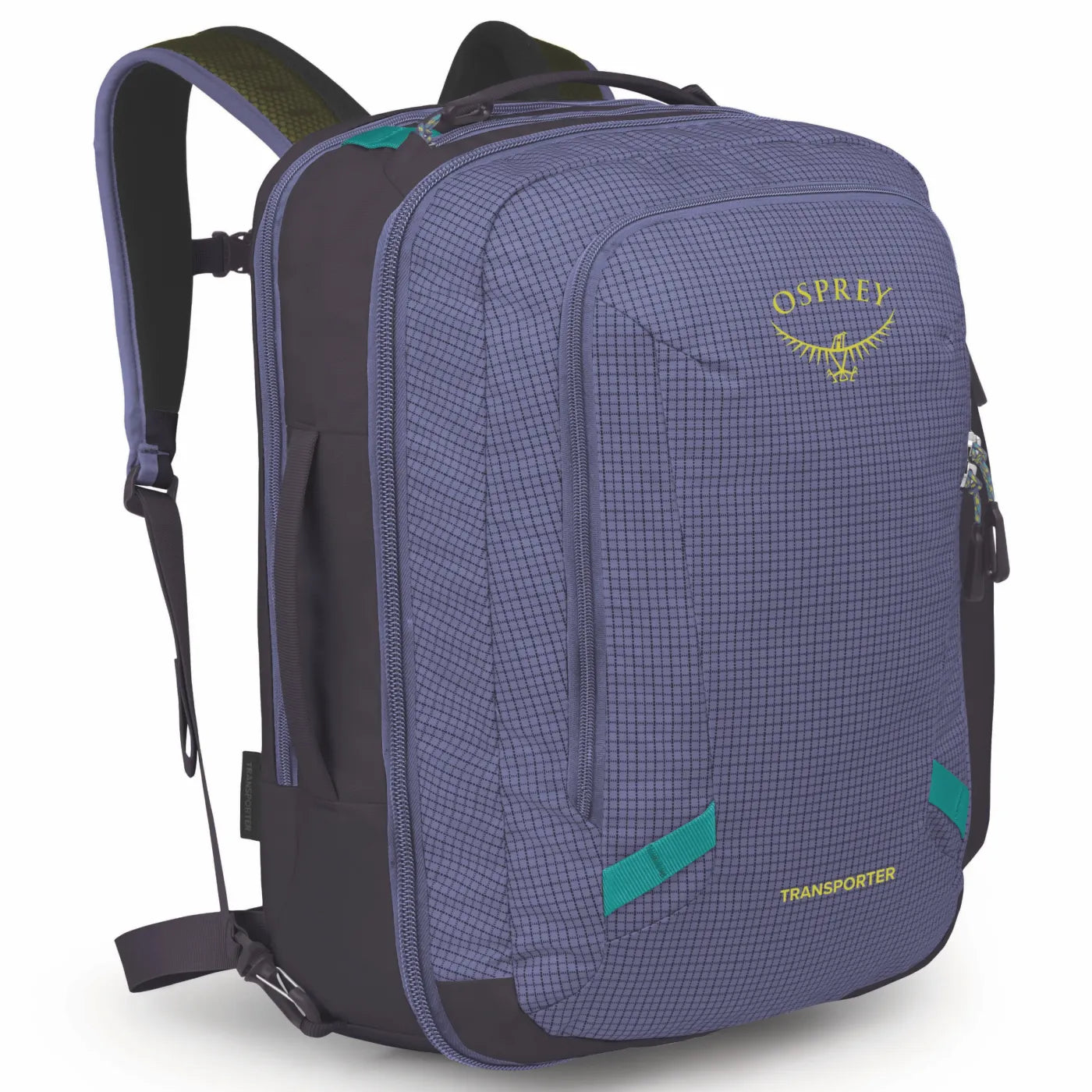 Large travel backpack with grid-textured purple fabric, teal zipper accents, multiple compartments, and padded shoulder straps