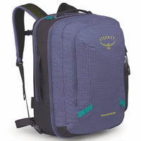 Large travel backpack with grid-textured purple fabric, teal zipper accents, multiple compartments, and padded shoulder straps
