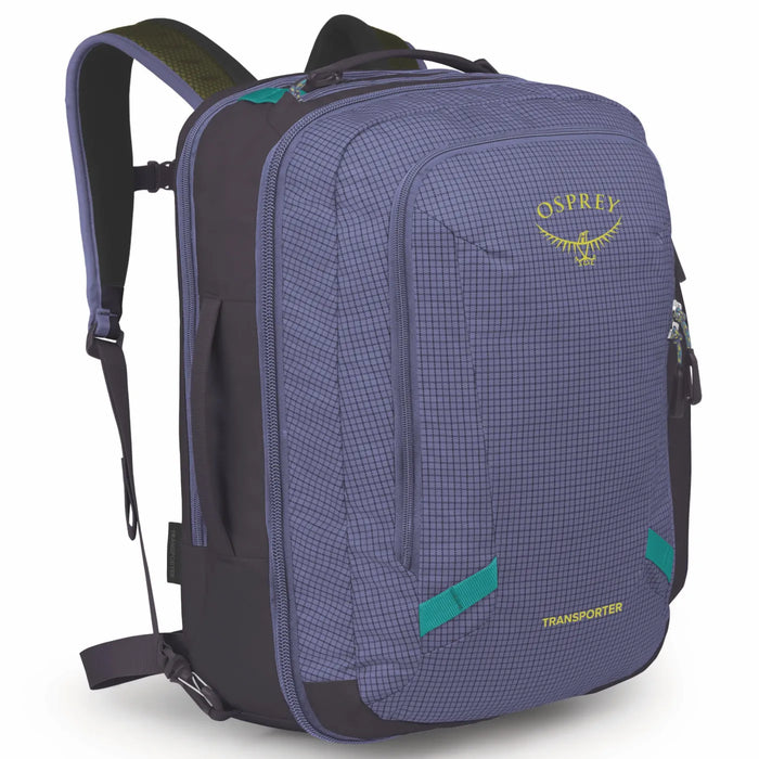 Large travel backpack with grid-textured purple fabric, teal zipper accents, multiple compartments, and padded shoulder straps